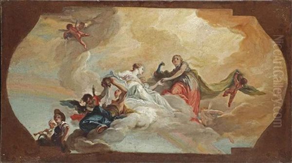 Juno And Other Mythological Figures Amongst Clouds; A Bozzetto For A Ceiling Decoration Oil Painting by Claudio Francesco Beaumont