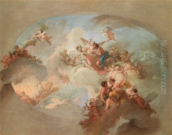 Eine Allegorie Des Sommers Mit Flora Und Zephyr, Mars Und Venus, Dem Sonnenwagen Apollos Und Dem Sternbild Der Zwillinge (bozzetto For A Ceiling Painting) Oil Painting by Claudio Francesco Beaumont