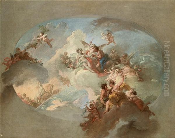 Eine Allegorie Des Sommers Mit Flora Und Zephyr, Mars Und Venus, Dem Sonnenwagen Apollos Und Dem Sternbild Der Zwillinge, Bozzetto Fur Ein Deckengemalde Oil Painting by Claudio Francesco Beaumont