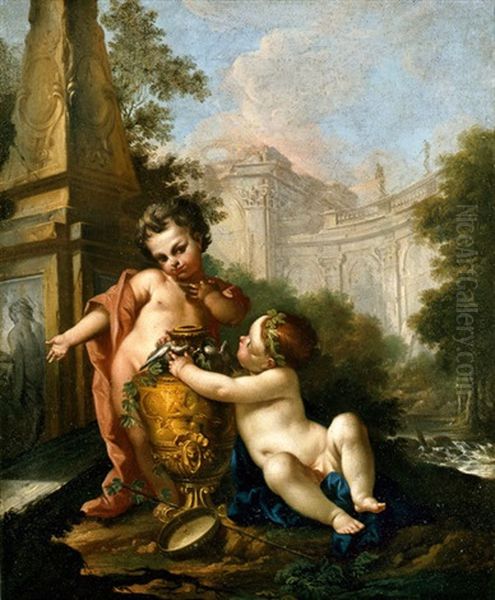 Capriccio Architettonico Con Due Putti Oil Painting by Claudio Francesco Beaumont