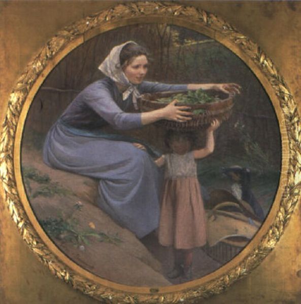 Junge Bauerinmit Korbtragendem Madchen Und Kleinem Hund Oil Painting by Gustave de Beaumont