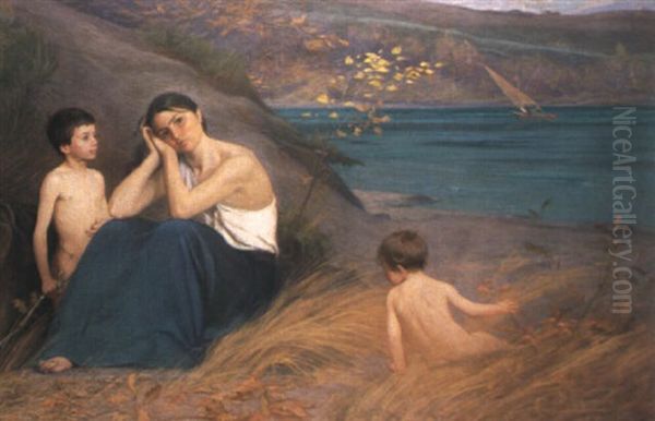 Sinnende Frau Und Zwei Kinder Am Strand Oil Painting by Gustave de Beaumont