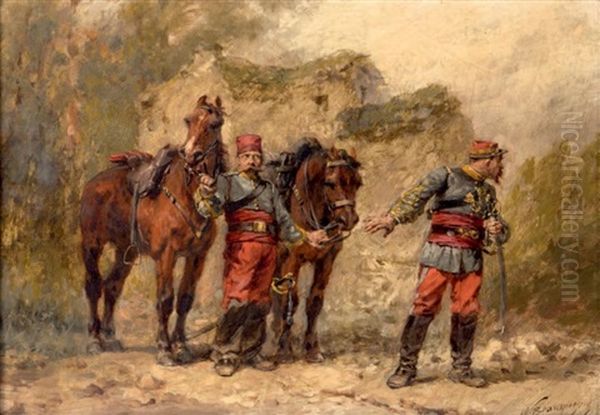 Officier De Cavalerie Et Son Ordonnance Sous Napoleon Iii Oil Painting by Wilfrid Constant Beauquesne