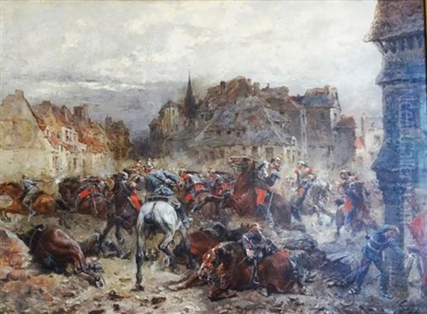 Combat De Rue Entre Francais Et Prussiens Durant La Guerre De 1870 Oil Painting by Wilfrid Constant Beauquesne