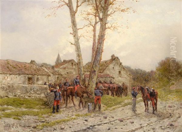 Resting The Horses Oil Painting by Wilfrid Constant Beauquesne