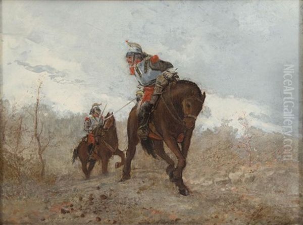 Several French Soldiers On Horseback In Pursuit Oil Painting by Wilfrid Constant Beauquesne