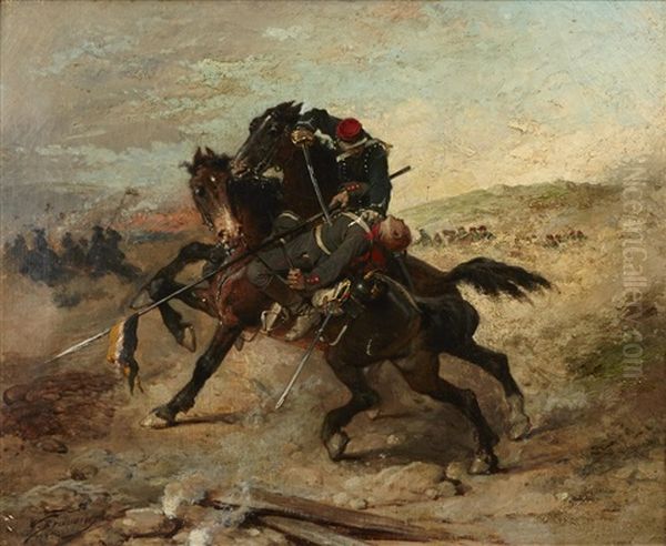 A Battle Scene Oil Painting by Wilfrid Constant Beauquesne