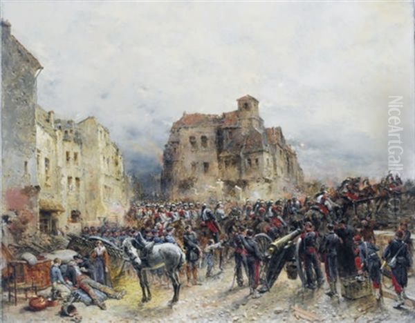 Army Advancing Through A Ruined Town Oil Painting by Wilfrid Constant Beauquesne