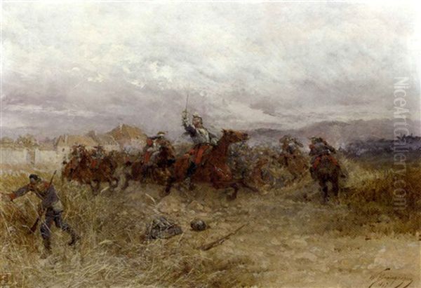 Battle Scene In France Oil Painting by Wilfrid Constant Beauquesne