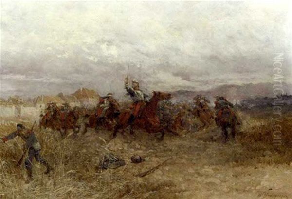 Battle Scene In France Oil Painting by Wilfrid Constant Beauquesne