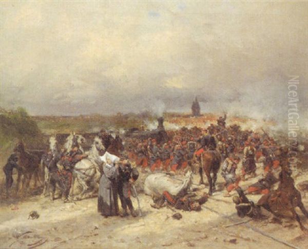 French Soldiers On The Attack: A Scene From The Franco-prussian War Oil Painting by Wilfrid Constant Beauquesne