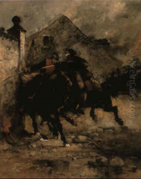 A Cavalry Duel Oil Painting by Wilfrid Constant Beauquesne