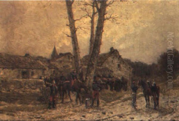 Prussian Soldiers On A Country Road Oil Painting by Wilfrid Constant Beauquesne