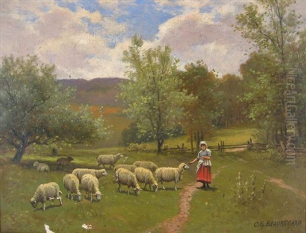 Maid Feeding Sheep In Pasture Oil Painting by Charles Grant Beauregard