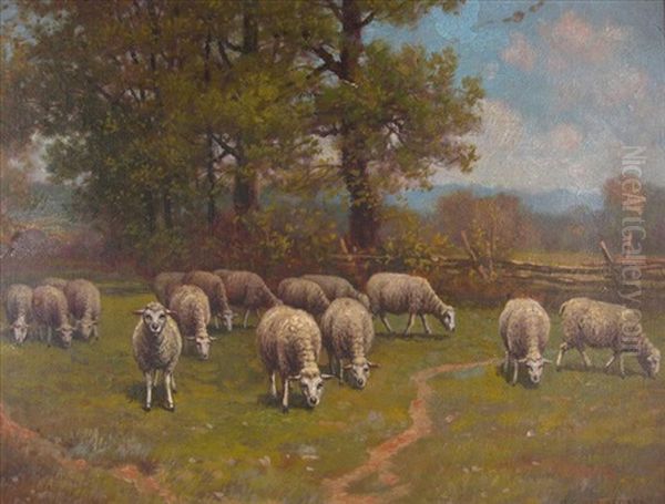 Sheep Grazing In A Pasture In Summer Oil Painting by Charles Grant Beauregard