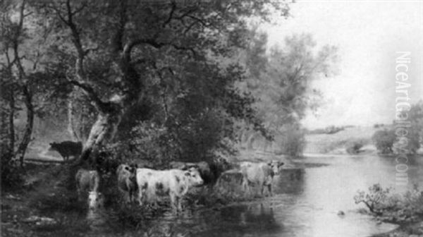 Cows Watering By A Stream Oil Painting by Charles Grant Beauregard