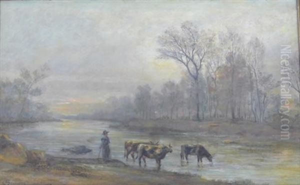 Les Vaches Au Ruisseau Oil Painting by Charles Joseph Beauverie