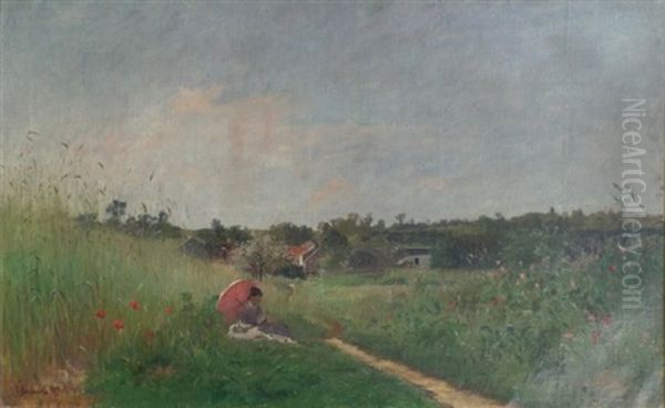 Le Sentier De Cordville (jeune Femme A L'ombrelle Lisant Dans Un Paysage De Coquelicots Sur Fond De Fermes) Oil Painting by Charles Joseph Beauverie