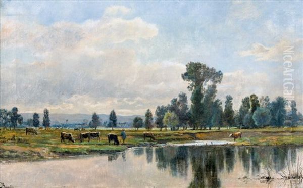 Sommerliche Flusslandschaft Mit Hirten Und Kuhen Oil Painting by Charles Joseph Beauverie