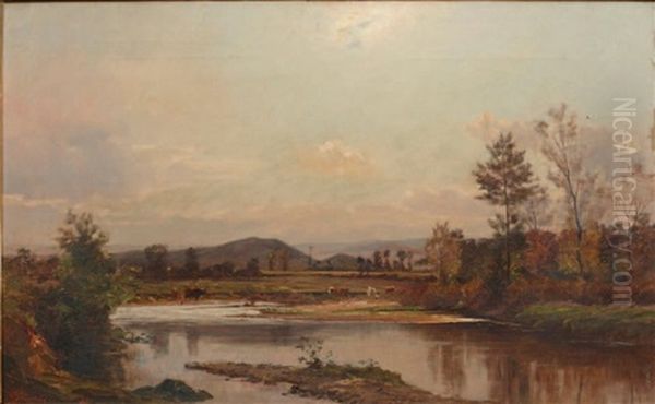 Paysage Aux Vaches Devant L'etang Oil Painting by Charles Joseph Beauverie