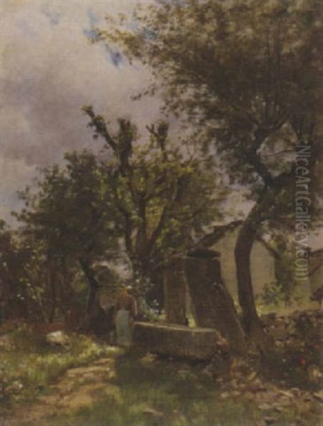 Sicht Auf Garten Mit Frau Am Brunnen Oil Painting by Charles Joseph Beauverie