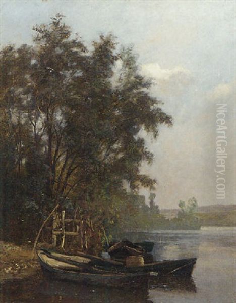 Rowing Boats Moored At A River Bank Oil Painting by Charles Joseph Beauverie