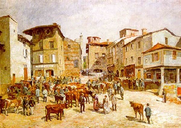 Le Marche Aux Bestiaux A Saint-galmier Oil Painting by Charles Joseph Beauverie