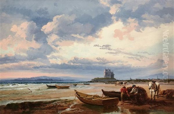 Coastal Scene With Broughty Castle In The Background Oil Painting by Richard Beavis