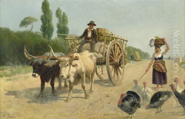 Auf Der Landstrasse (italienischer Bauer Mit Ochsengespann Im Gesprach Mit Einer Bauerin) Oil Painting by Richard Beavis