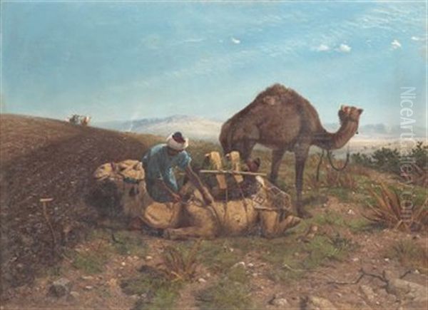 Tilling The Ground Of The Plains Of Sharon (changing Camels) Oil Painting by Richard Beavis