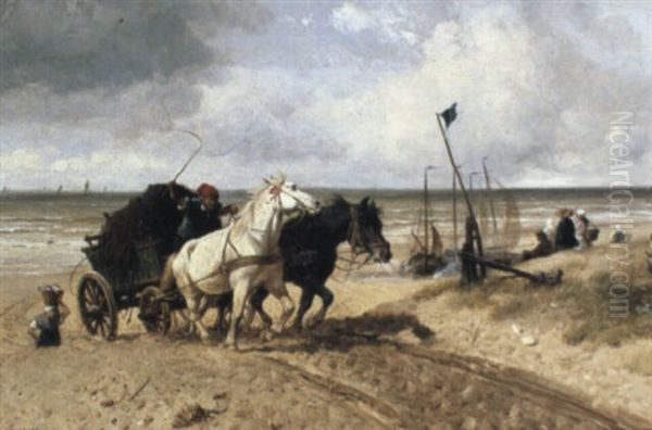 Brining Up The Nets At Scheveningen Oil Painting by Richard Beavis