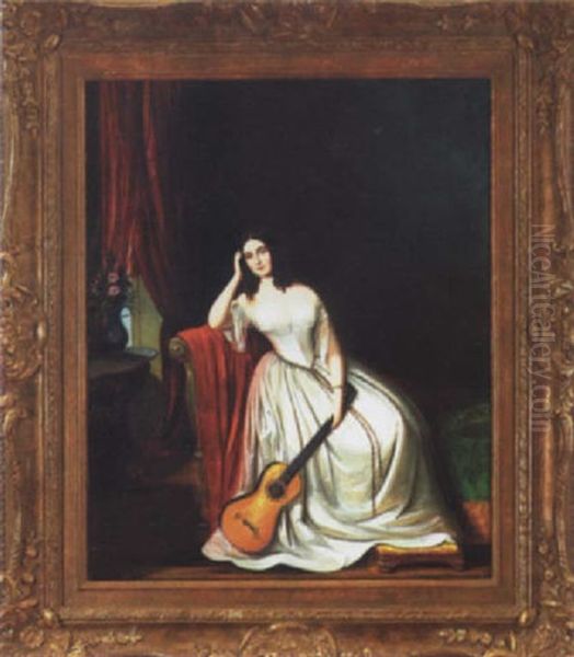 Lady In Fine White Gown With Guitar Oil Painting by Hans Heinrich Bebie