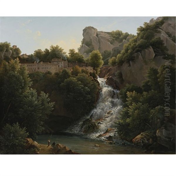 A Landscape With A Waterfall, A Mountain Village At The Edge Of The Cliff Oil Painting by Polydore de Bec