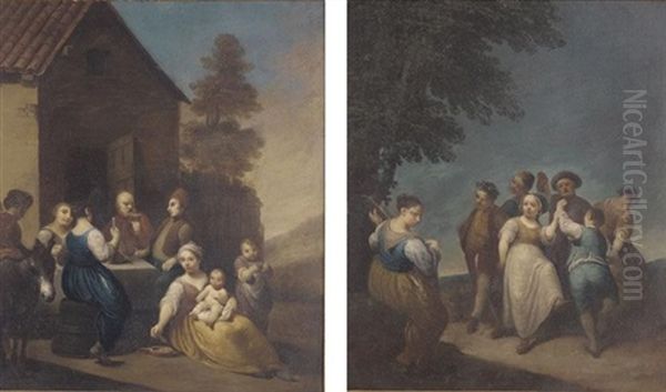 A Landscape With Peasants Feasting Outside A Barn (+ A Landscape With Peasants Dancing And A Young Girl Playing A Stringed Instrument; Pair) Oil Painting by Antonio Beccadelli