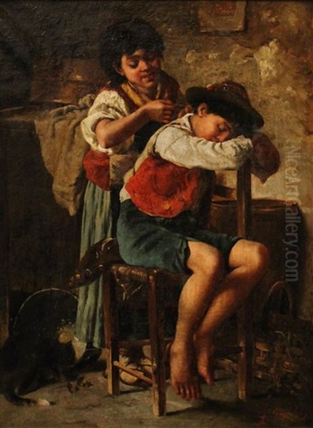 Time To Wake Oil Painting by Luigi Bechi