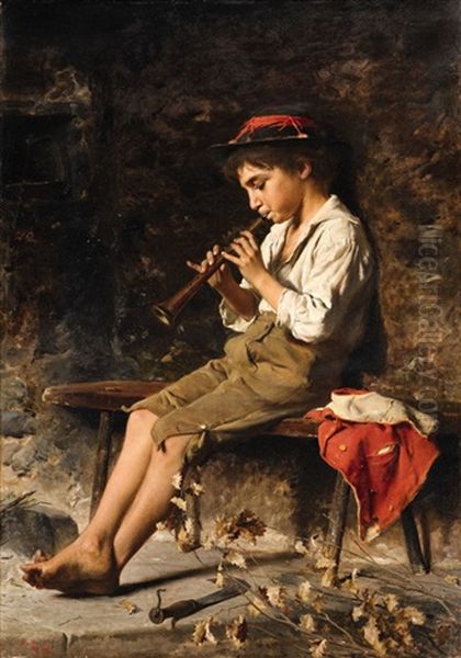 A Boy Playing The Flute Oil Painting by Luigi Bechi