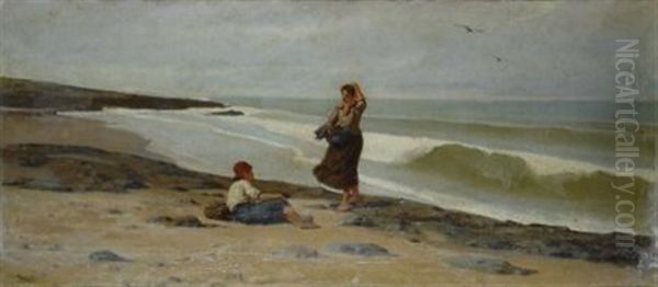 Figure Sulla Spiaggia A Castiglioncello Oil Painting by Luigi Bechi