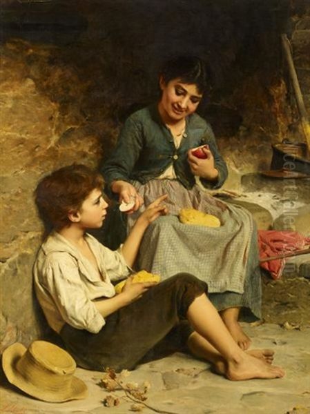 Zwei Kinder Mit Brot Und Apfeln Bei Der Pause Oil Painting by Luigi Bechi