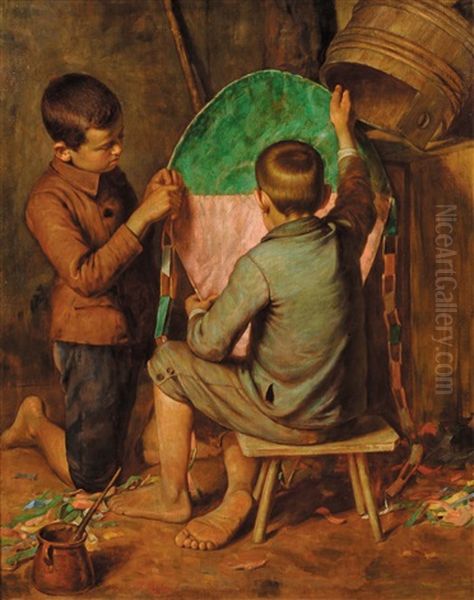 Bambini Che Costruiscono Aquilone Oil Painting by Luigi Bechi