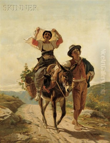 Peasant Couple With Donkey On Dirt Road Oil Painting by Luigi Bechi