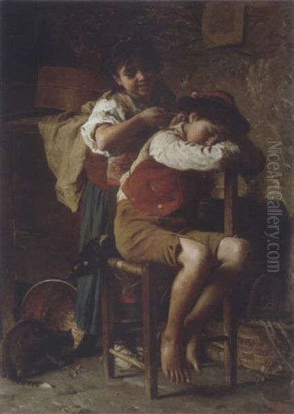 The Cat Nap Oil Painting by Luigi Bechi