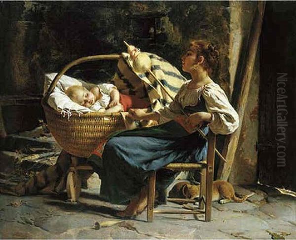 Maternal Instincts Oil Painting by Luigi Bechi