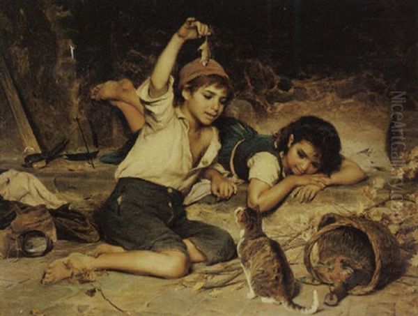 Bambini Con Il Gatto Oil Painting by Luigi Bechi