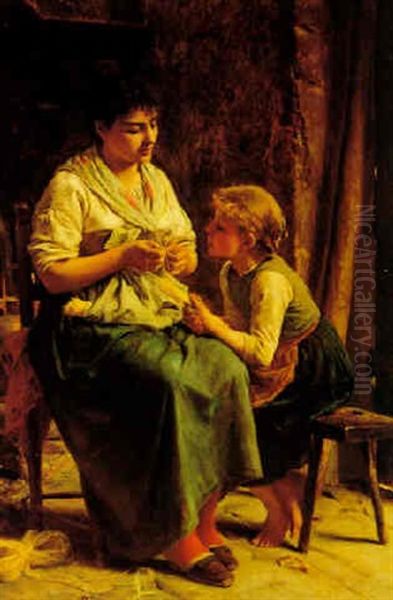 La Lezione Di Trecca (the Weaving Lesson) Oil Painting by Luigi Bechi