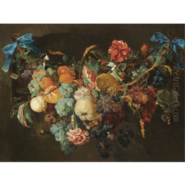 A Garland Of Flowers And Fruit (after Jan Davidsz De Heem) Oil Painting by Maria Johanna Wilhelmina Becht