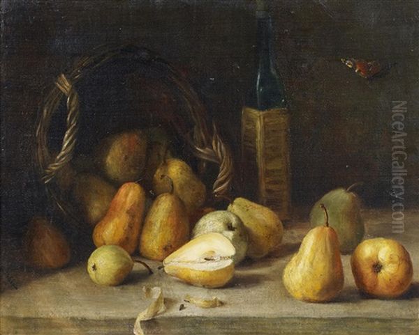 Stillleben Mit Birnen Und Einer Weinflasche Oil Painting by Gustav von Bechtolsheim