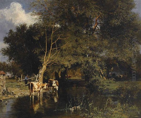 Kuhe An Der Tranke Am Waldbach Oil Painting by Gustav von Bechtolsheim