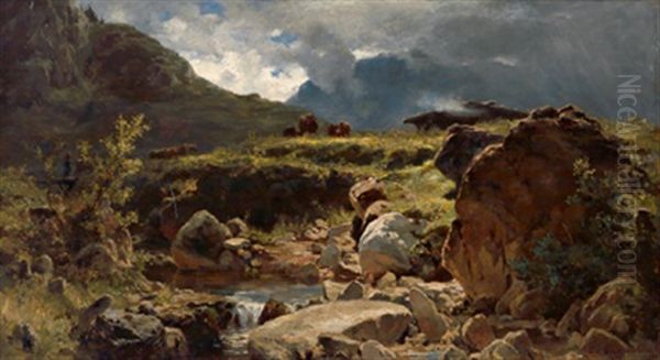 Heimkehr Der Herde Bei Aufziehendem Gewitter Oil Painting by Gustav von Bechtolsheim