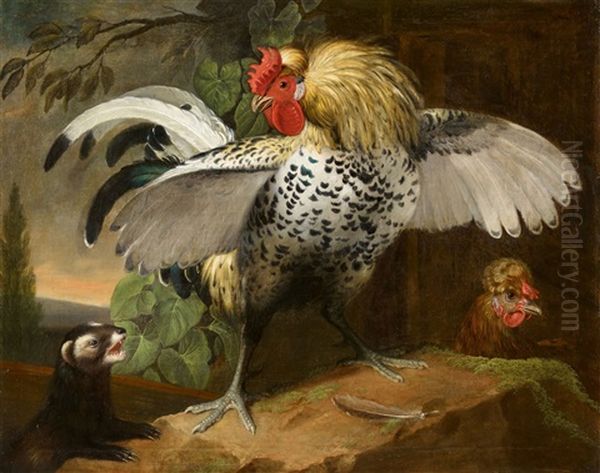 A Rooster Fighting A Polecat Oil Painting by Jacob Samuel Beck