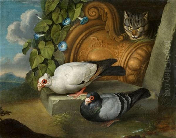 Zwei Tauben Mit Katze Oil Painting by Jacob Samuel Beck